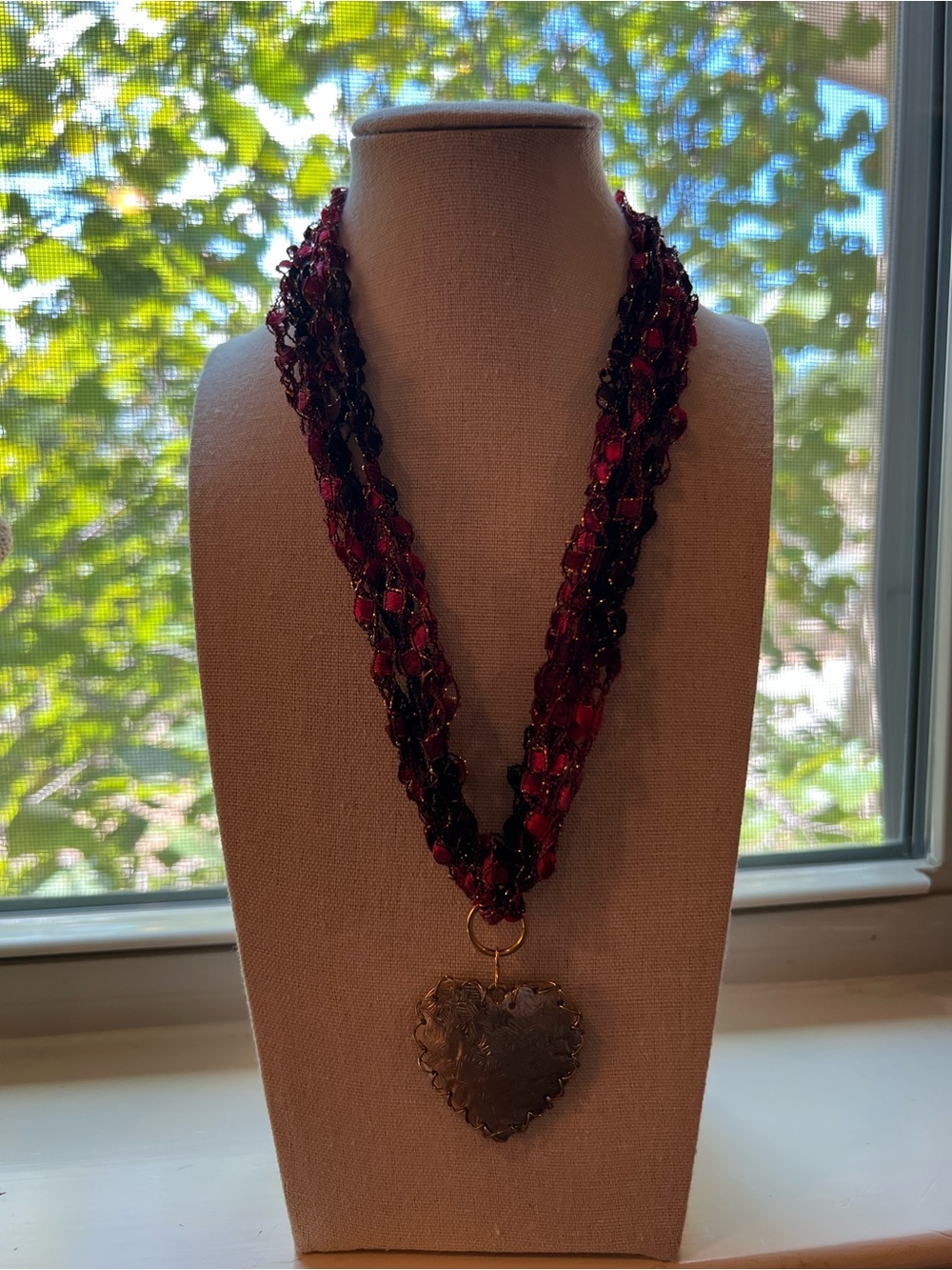 Heart Pendant on Ribbon Necklace in Deep Red and Black